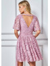 Flutter Sleeves Mauve Lace Wrap Mini Party Dress